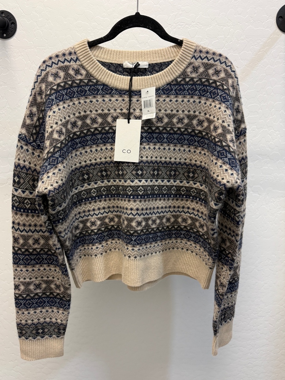 NWT XL CO Fair Isle Crewneck Sweater in Beige and Navy